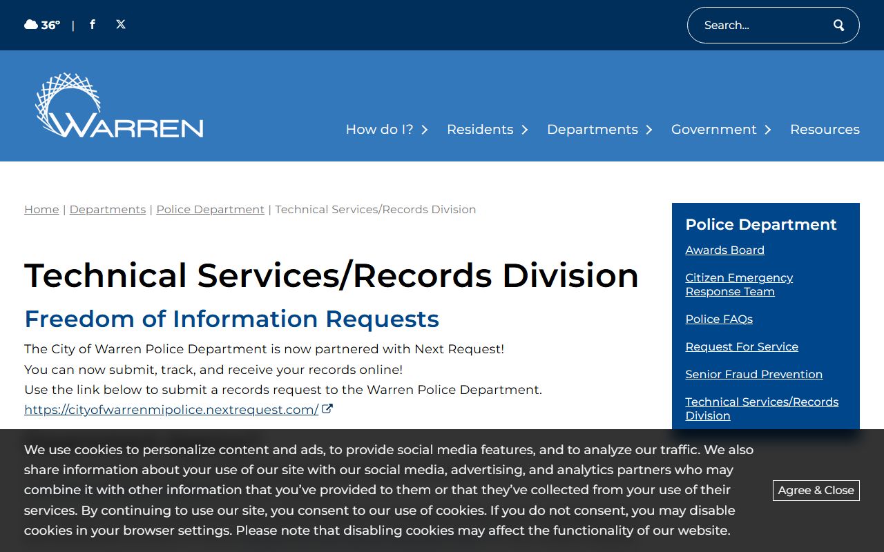 Warren Police Department records and reports page