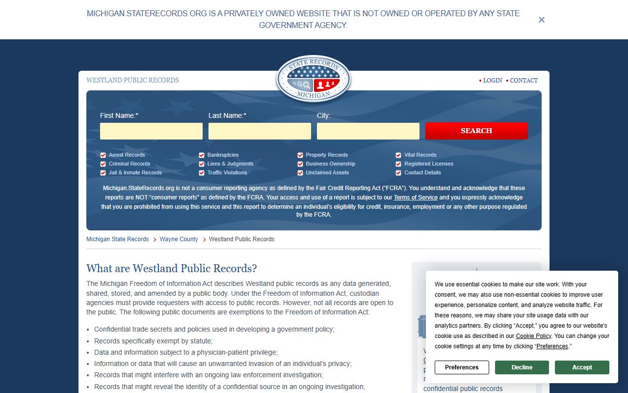 Westland Michigan police records access page