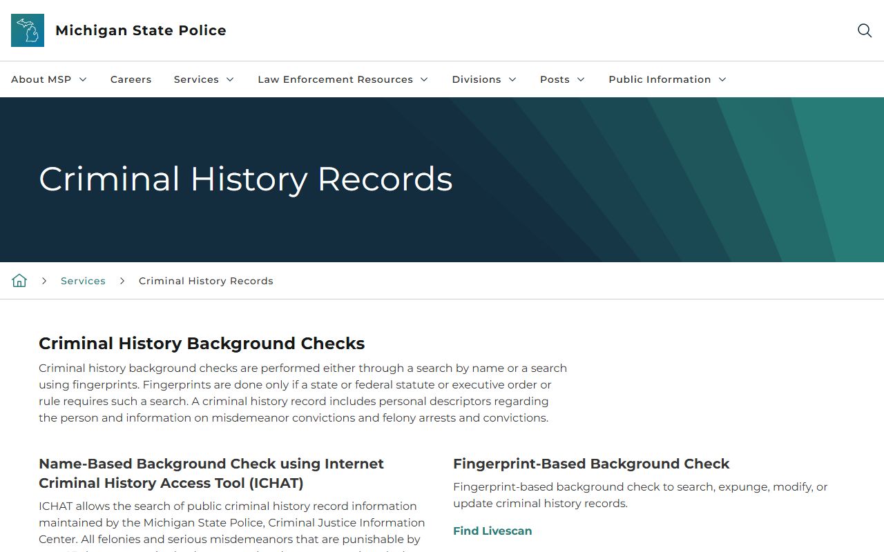 Michigan background check criminal history records main overview page